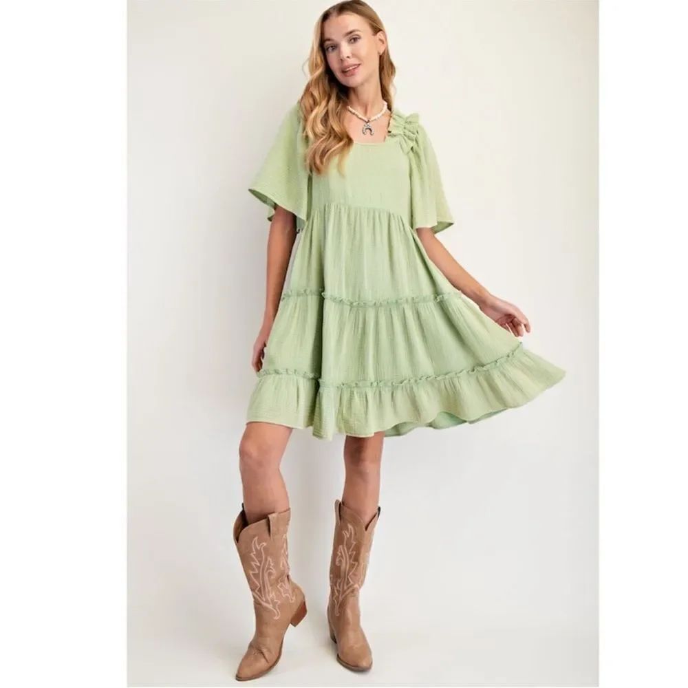 Easel “The Piper" Green Mineral Wash Cotton Gauze Ruffle Dress